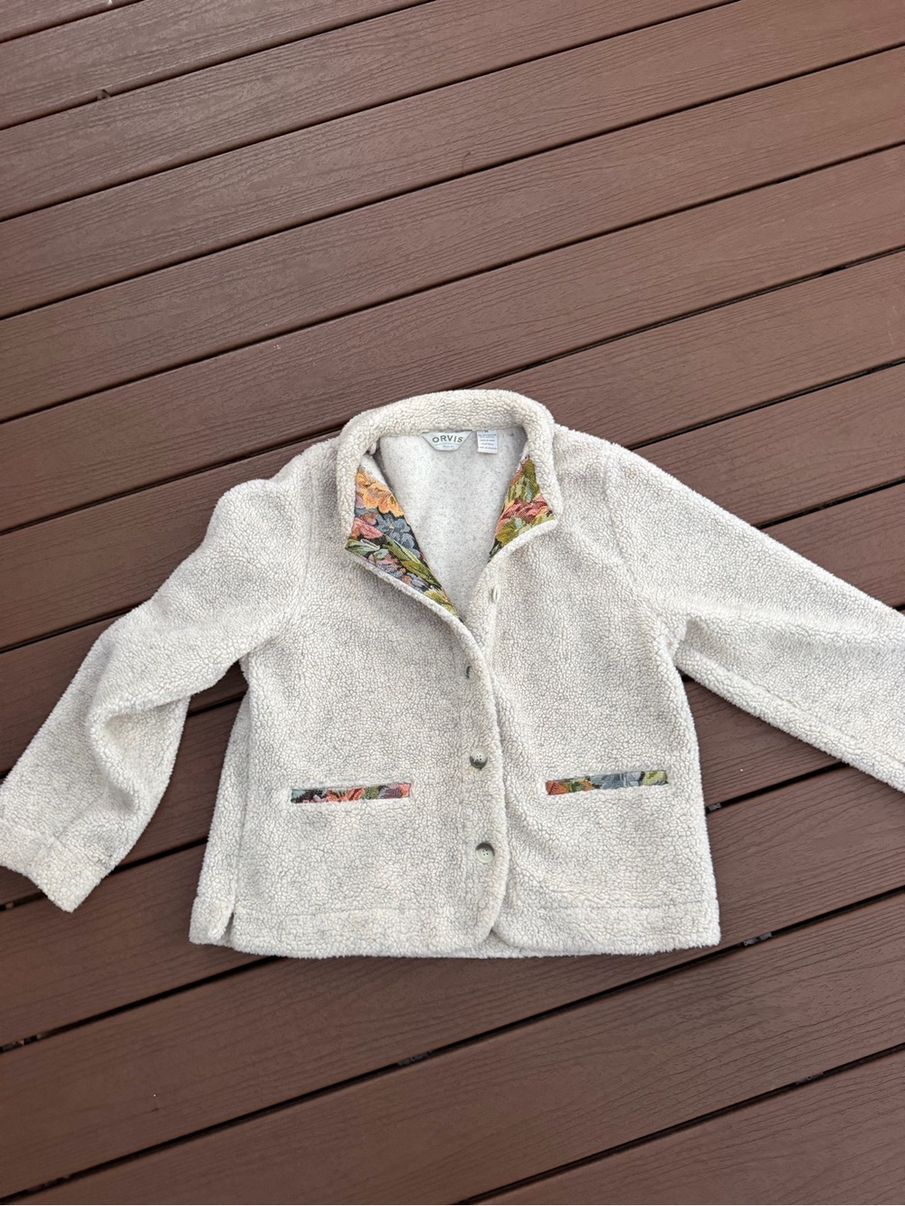 Orvis Cream Sherpa Jacket with Floral Trim